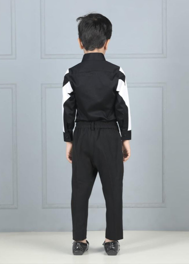 Black Cotton Japanese Block Detailing Shirt With Pant Set