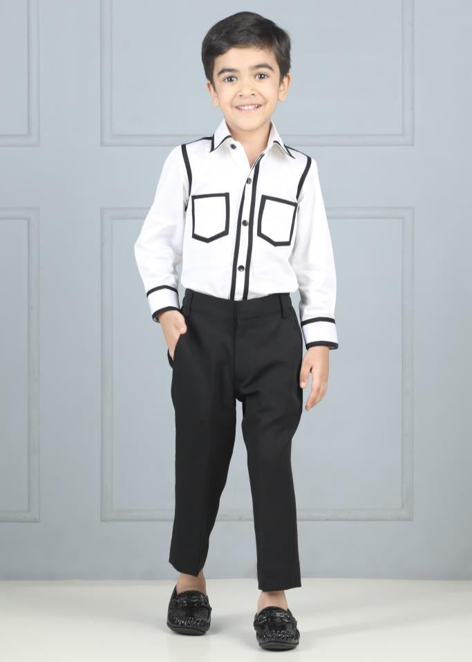 White And Black Cotton Japanese Shirt With Pant Set