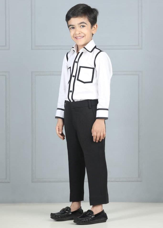 White And Black Cotton Japanese Shirt With Pant Set