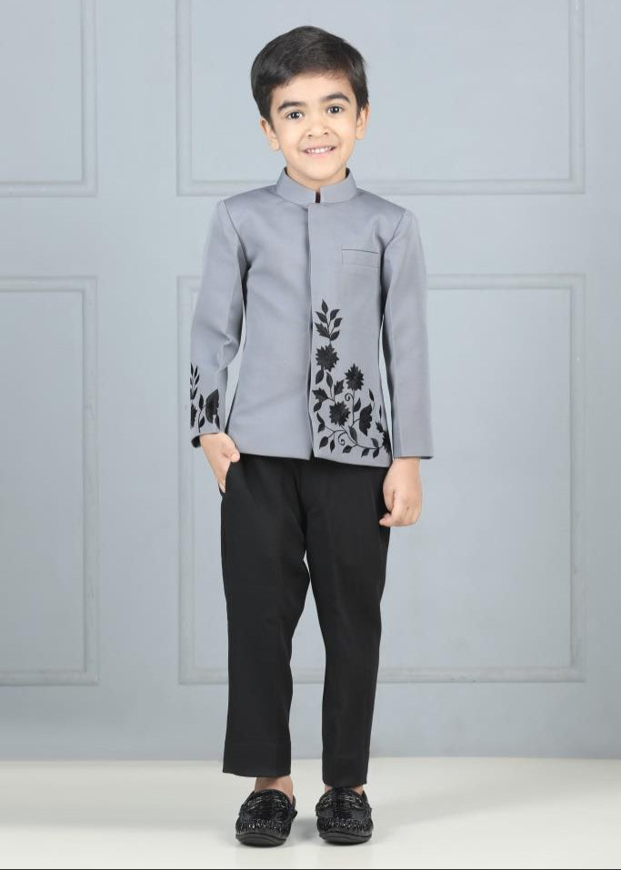 Grey And Black Thread Embroidered Bandhgala With Pant Set