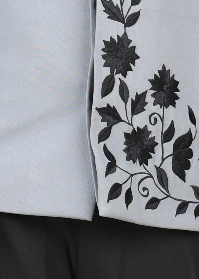 Grey And Black Thread Embroidered Bandhgala With Pant Set