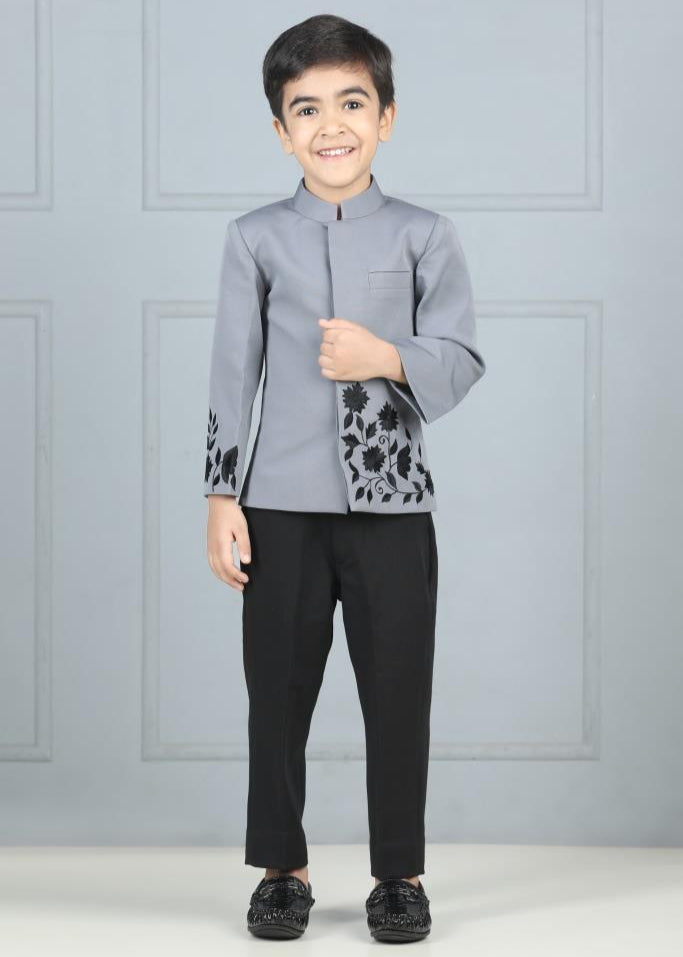 Grey And Black Thread Embroidered Bandhgala With Pant Set