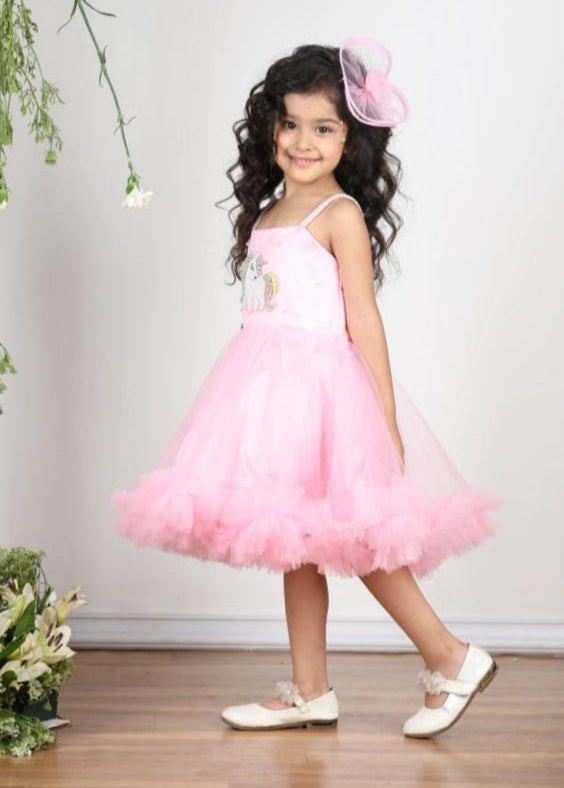 Pink Unicorn Embroidered Tulle Dress With Hair Clip