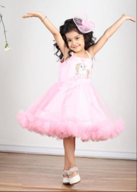 Pink Unicorn Embroidered Tulle Dress With Hair Clip