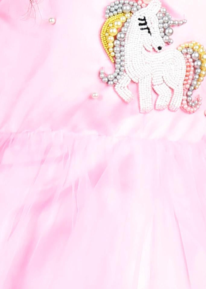 Pink Unicorn Embroidered Tulle Dress With Hair Clip