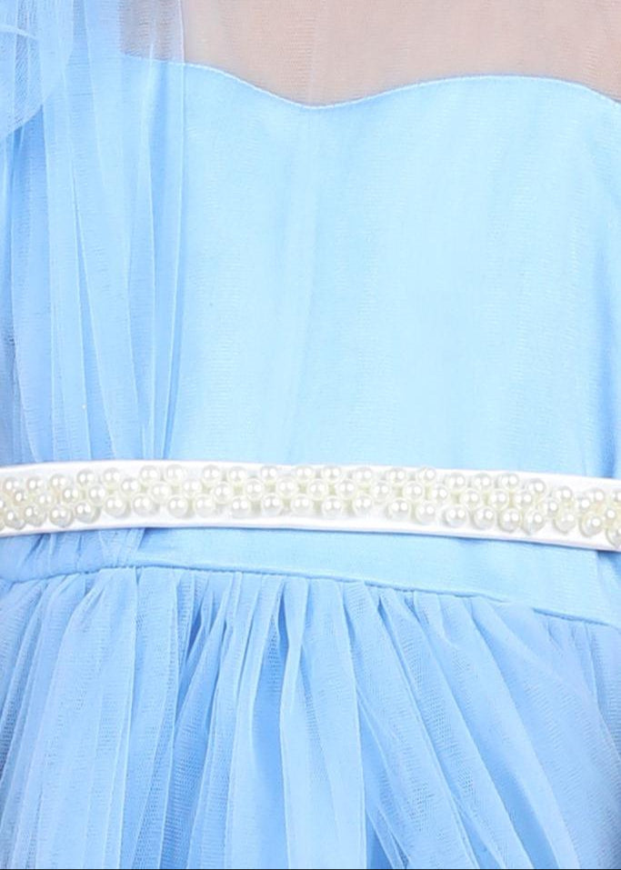 Ice Blue Net Pearl Belt Tulle Dress