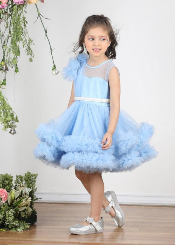 Ice Blue Net Pearl Belt Tulle Dress