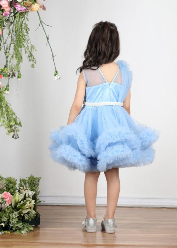 Ice Blue Net Pearl Belt Tulle Dress