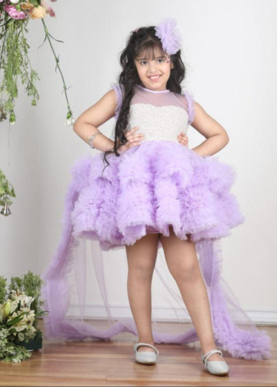Lilac Net Pearl Embroidered With Detachable Trail Tulle Dress