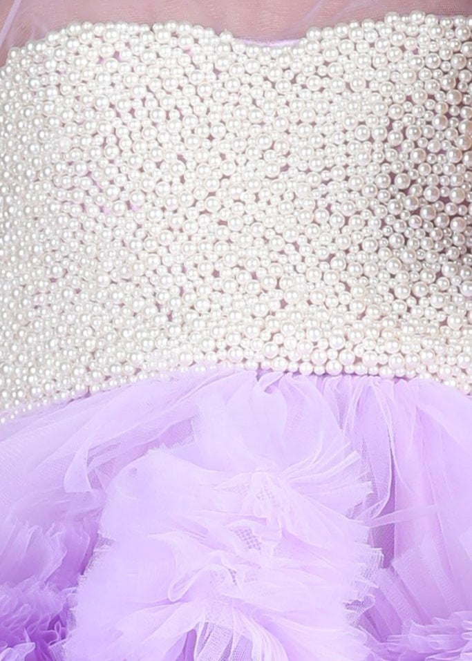 Lilac Net Pearl Embroidered With Detachable Trail Tulle Dress