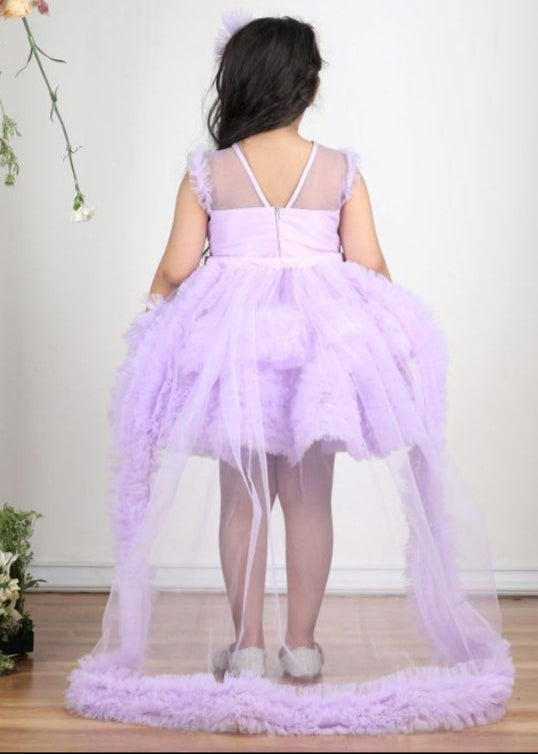 Lilac Net Pearl Embroidered With Detachable Trail Tulle Dress