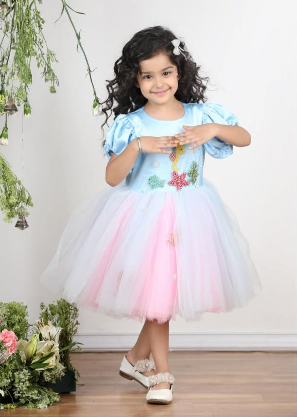 Ice Blue Mermaid Theme Embroidery Dress