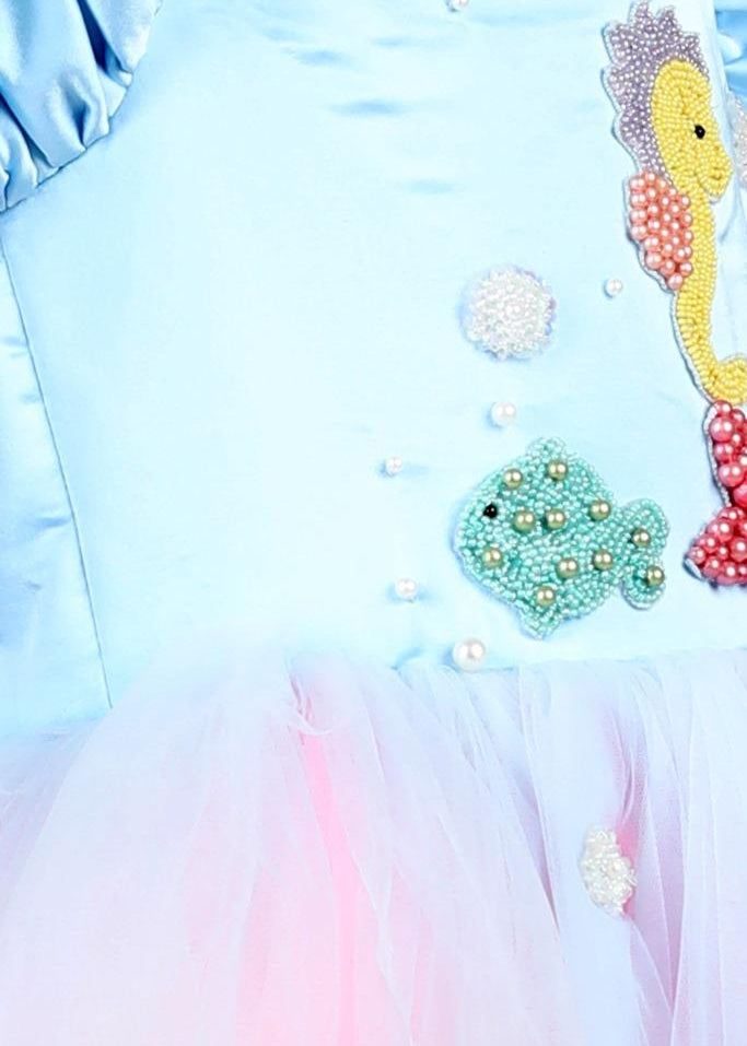 Ice Blue Mermaid Theme Embroidery Dress