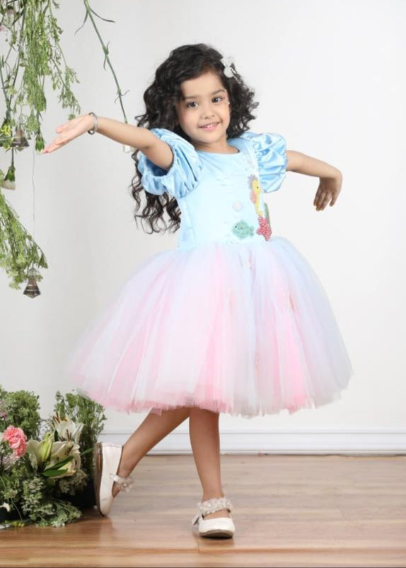 Ice Blue Mermaid Theme Embroidery Dress