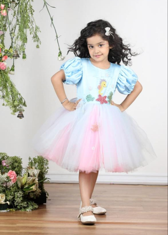 Ice Blue Mermaid Theme Embroidery Dress