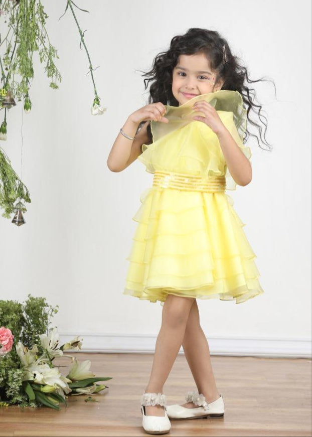 Yellow Organza Off Shoulder Layered Dress
