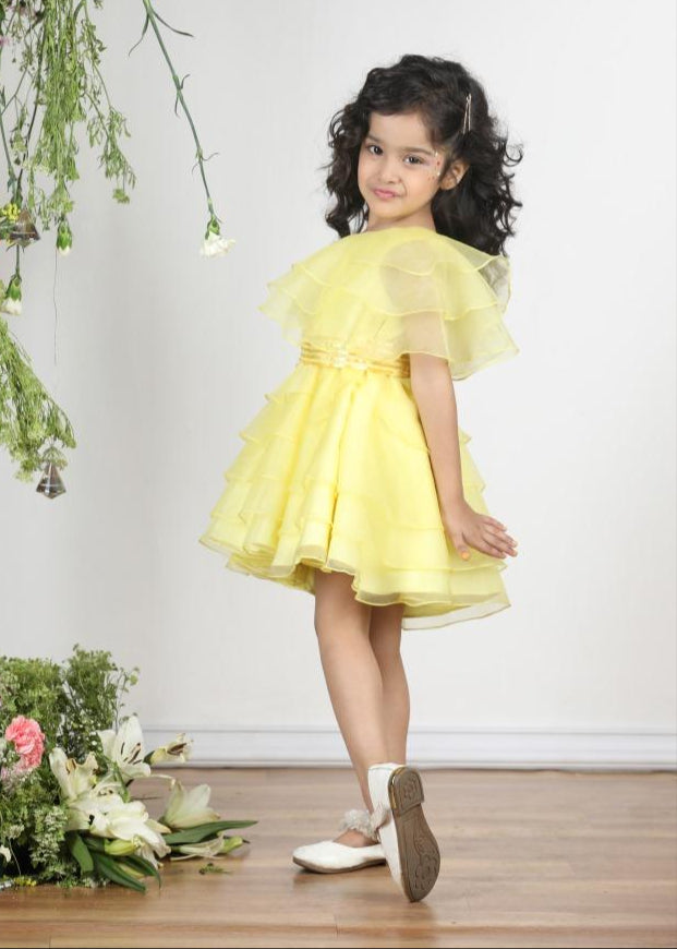 Yellow Organza Off Shoulder Layered Dress