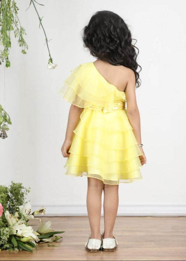 Yellow Organza Off Shoulder Layered Dress