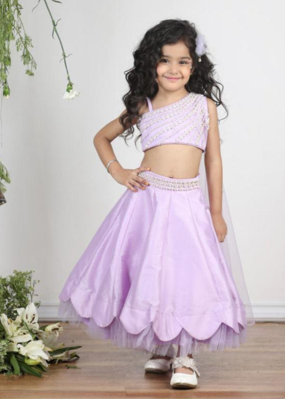 Lilac Pearl Off Shoulder Blouse With Scalloped Lehenga Set