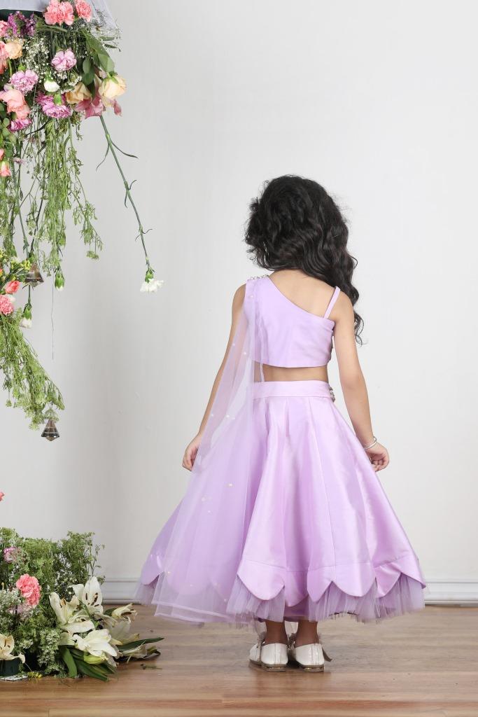 Lilac Pearl Off Shoulder Blouse With Scalloped Lehenga Set