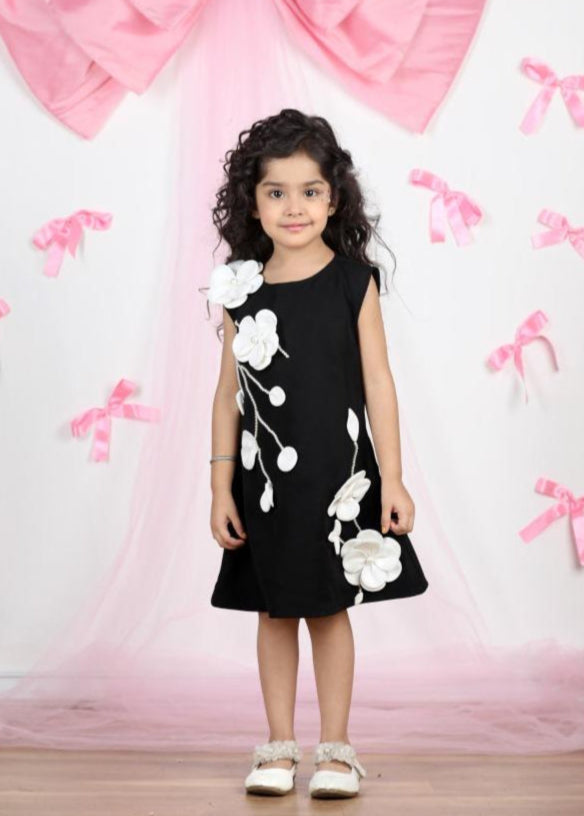 Black Imported crepe Handamde 3D Flower Dress