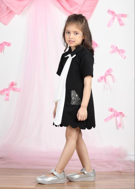 Black Bow Embroidered Pocket Dress