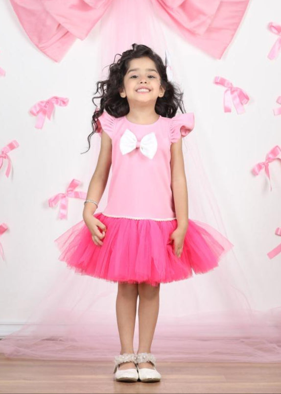 Pink Net Detailing Pearl Work Bow Dress