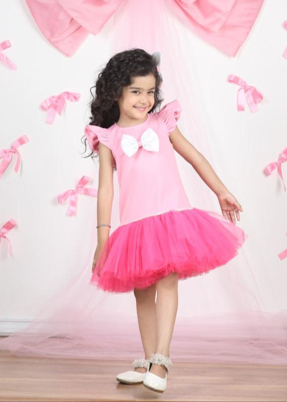 Pink Net Detailing Pearl Work Bow Dress