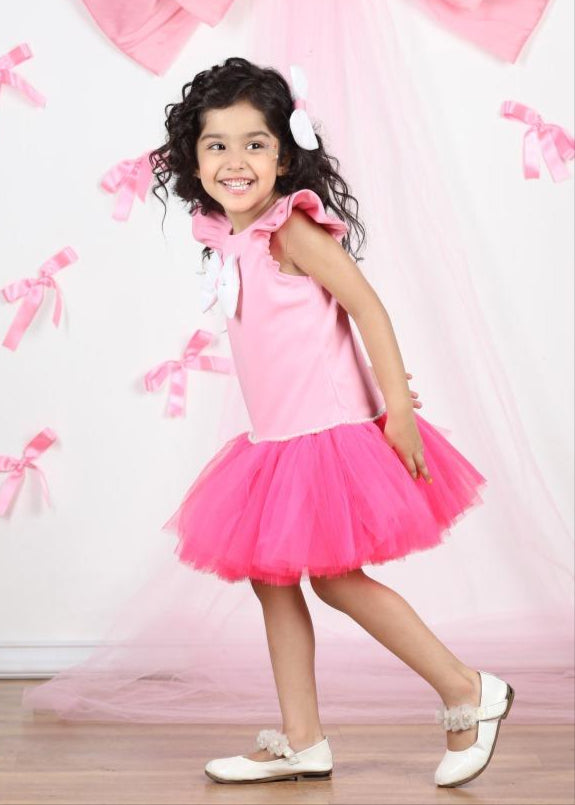 Pink Net Detailing Pearl Work Bow Dress