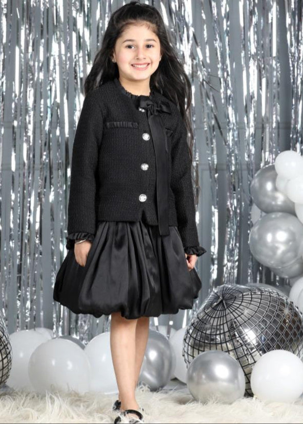 Black Tweed Coat With Bow Detachable And Balloon Skirt Co-ord Set