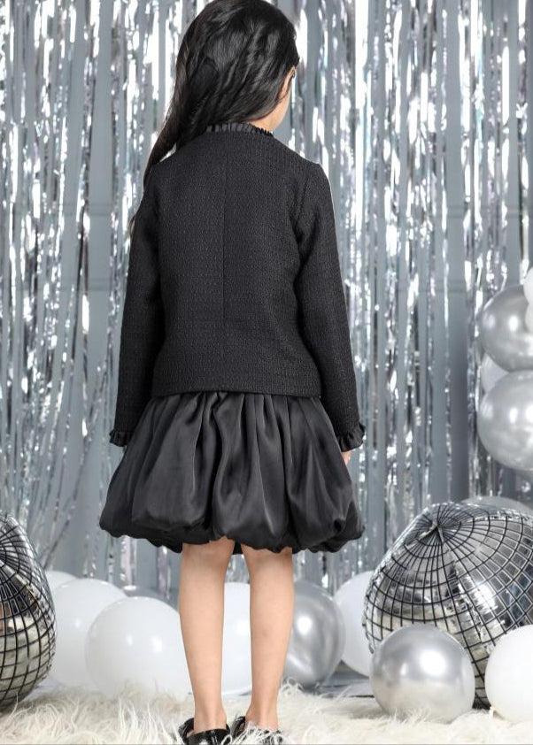 Black Tweed Coat With Bow Detachable And Balloon Skirt Co-ord Set