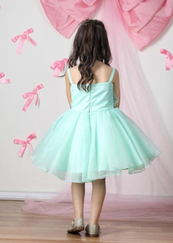 Green Net 3D Flower And Flare Crepe Dress