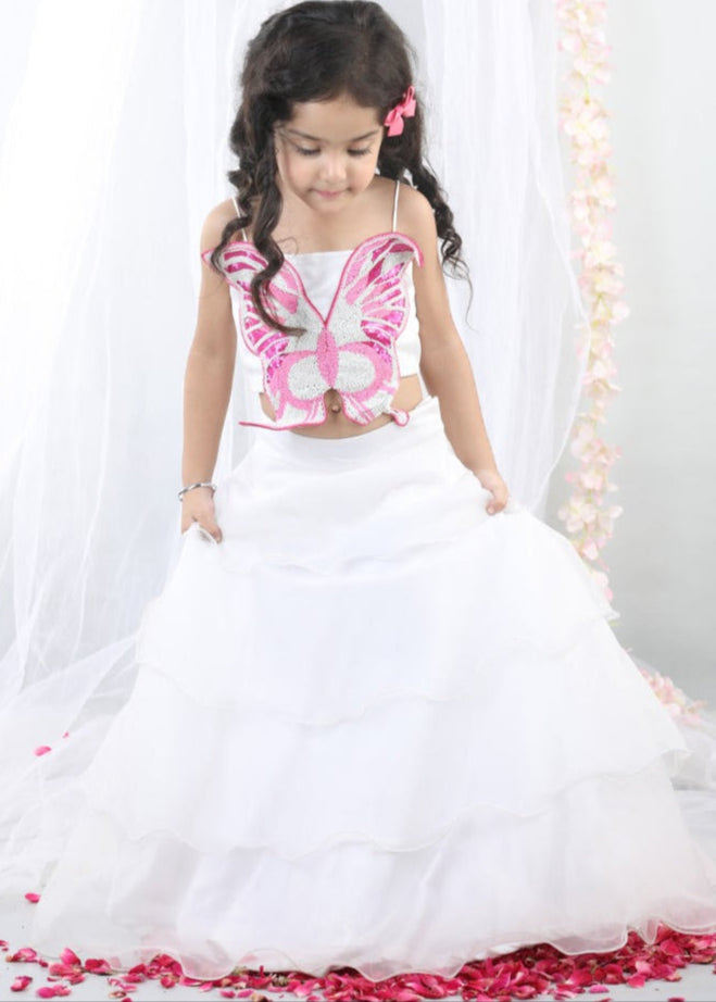 White 3D Embroidered Butterfly Top With Layered Lehenga Set