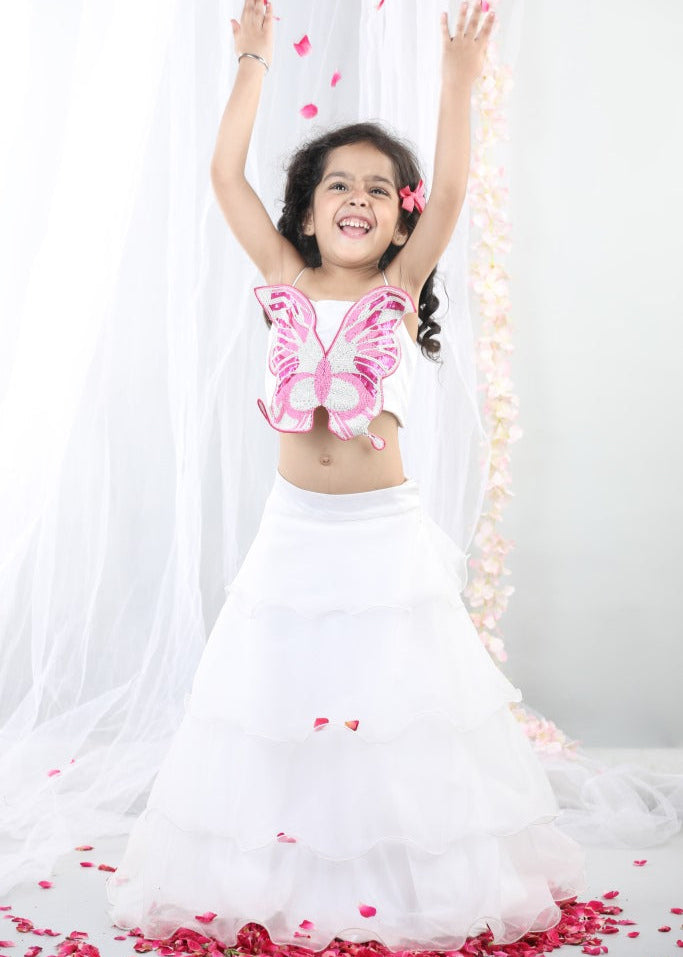 White 3D Embroidered Butterfly Top With Layered Lehenga Set