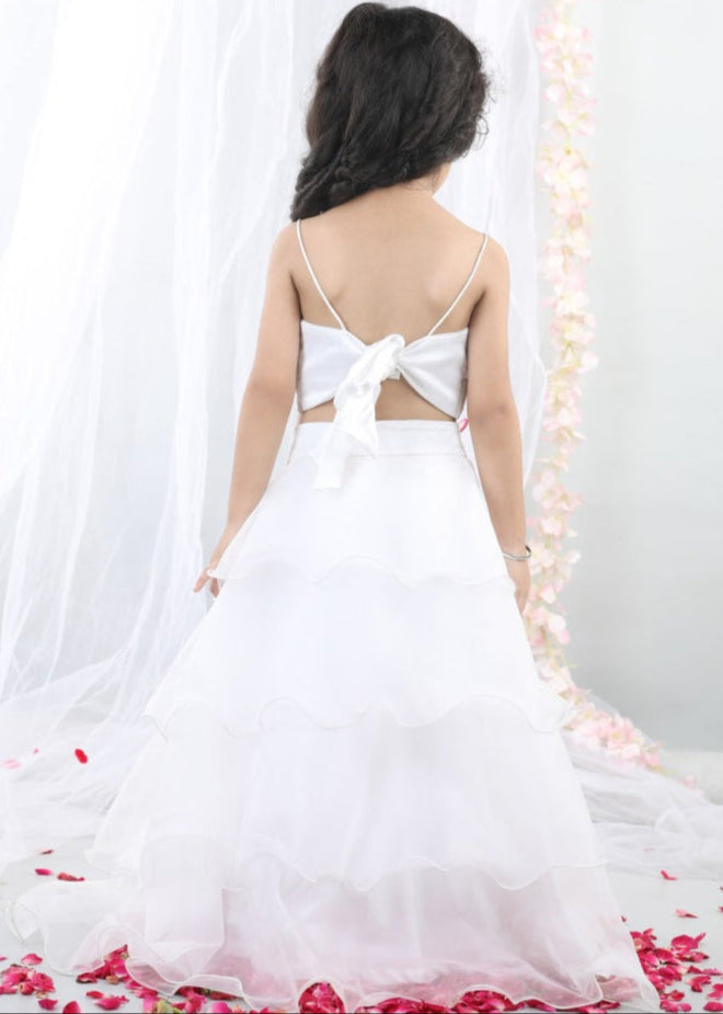 White 3D Embroidered Butterfly Top With Layered Lehenga Set