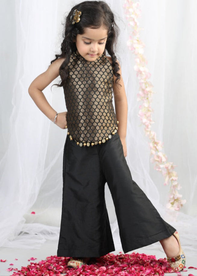 Black Silk Sleeveless Top With Palazzo Pant Set