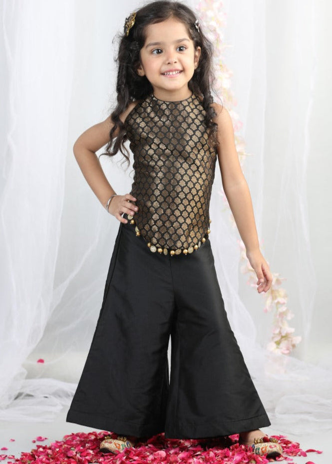 Black Silk Sleeveless Top With Palazzo Pant Set