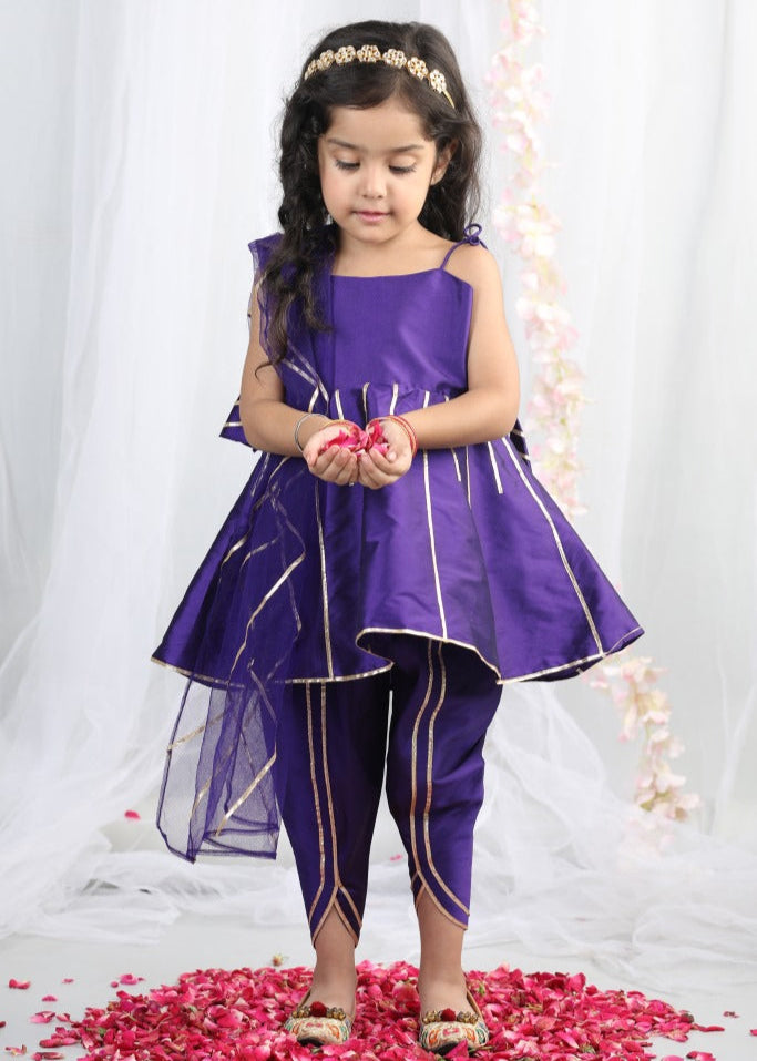 Purple Gota Detailing Peplum Top With Tulip Pant Set