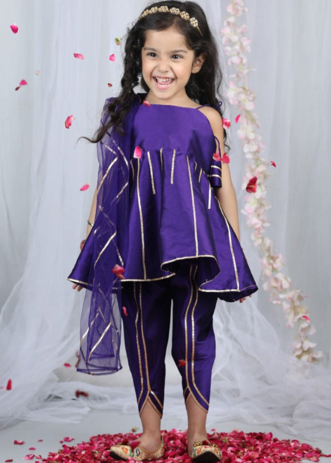 Purple Gota Detailing Peplum Top With Tulip Pant Set