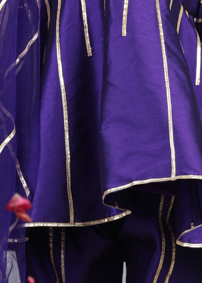 Purple Gota Detailing Peplum Top With Tulip Pant Set
