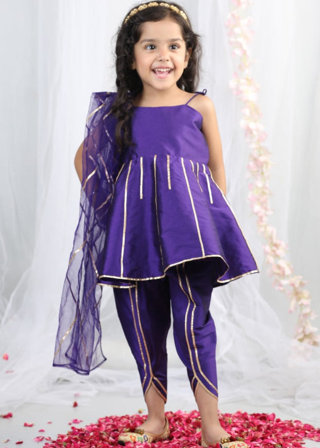 Purple Gota Detailing Peplum Top With Tulip Pant Set