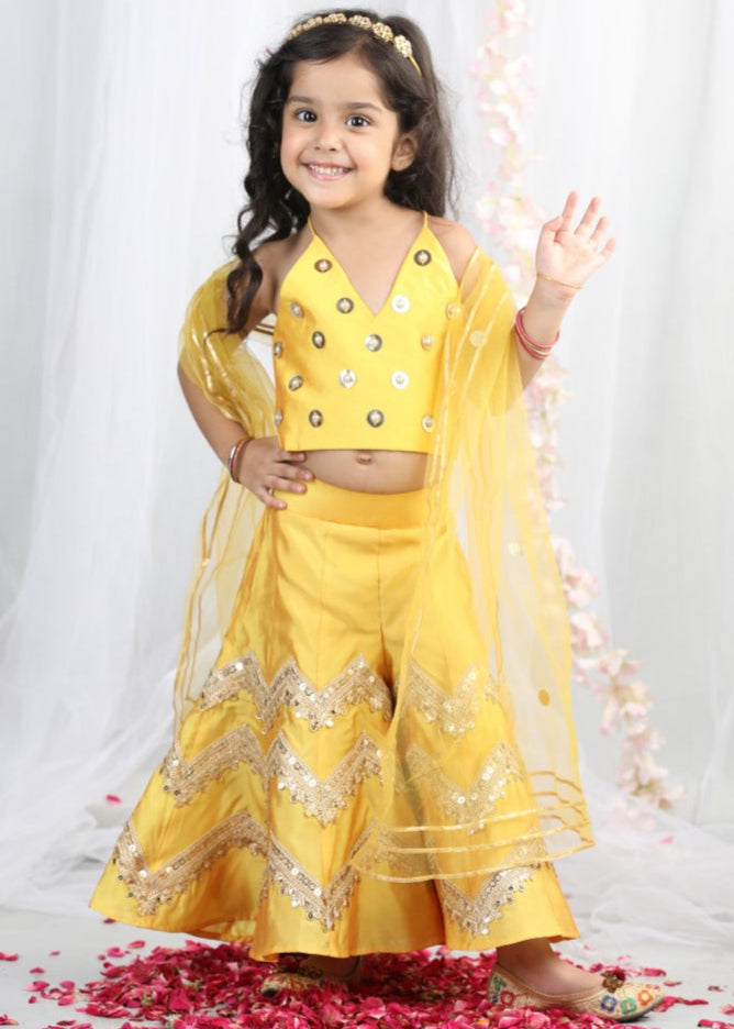Yellow Pearl Embroidered Top With Heavy Embellished Palazzo And Dupatta Set