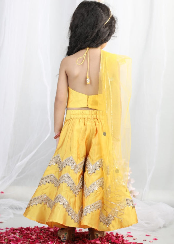 Yellow Pearl Embroidered Top With Heavy Embellished Palazzo And Dupatta Set