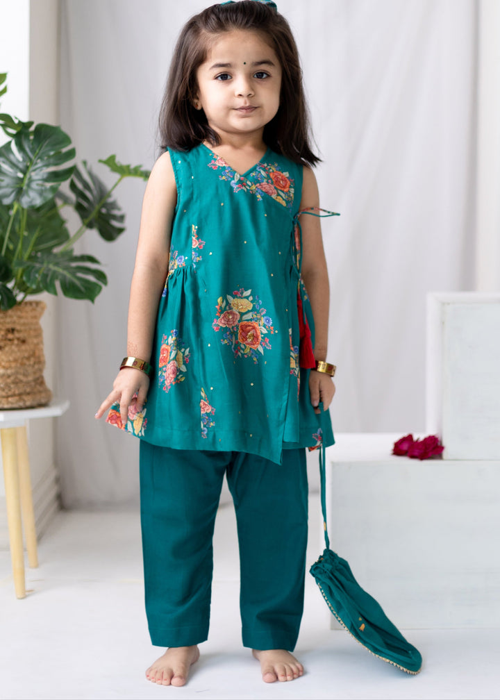 Green Floral Printed Angrakha Kurta Pant With Hair Bow Clip and Potli Bag Set