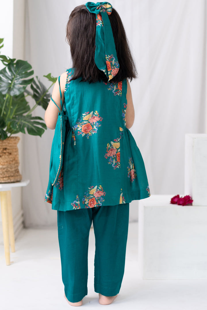 Green Floral Printed Angrakha Kurta Pant With Hair Bow Clip and Potli Bag Set