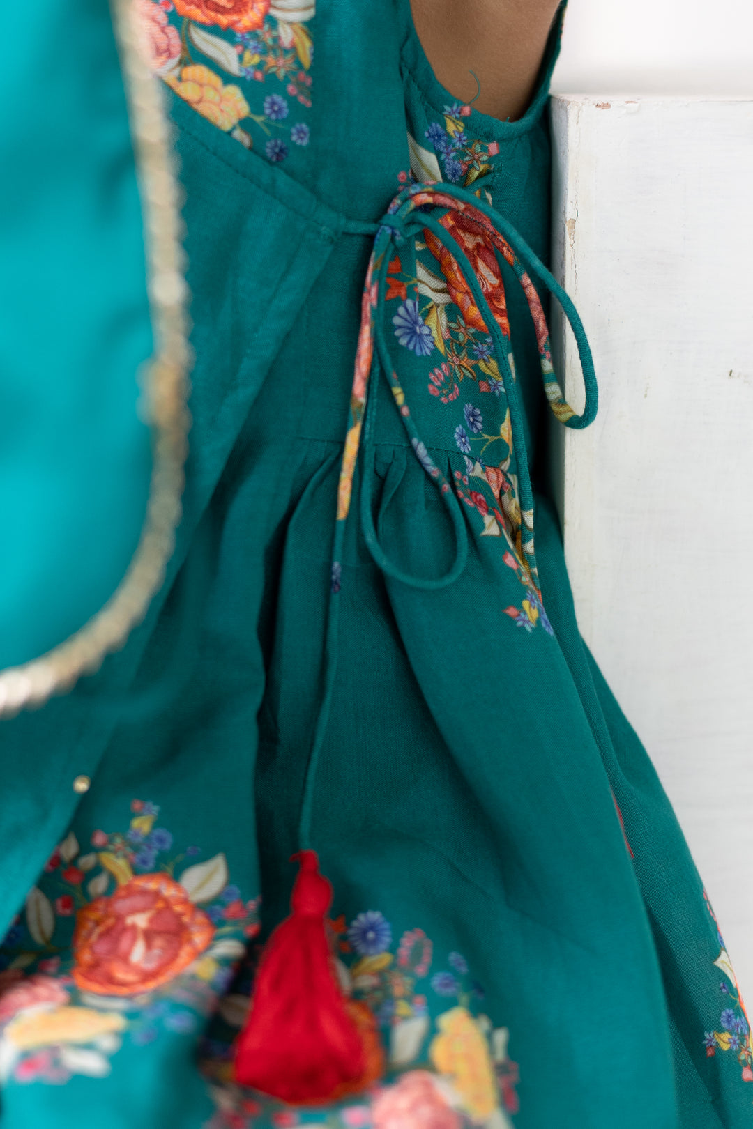 Green Floral Printed Angrakha Kurta Pant With Hair Bow Clip and Potli Bag Set