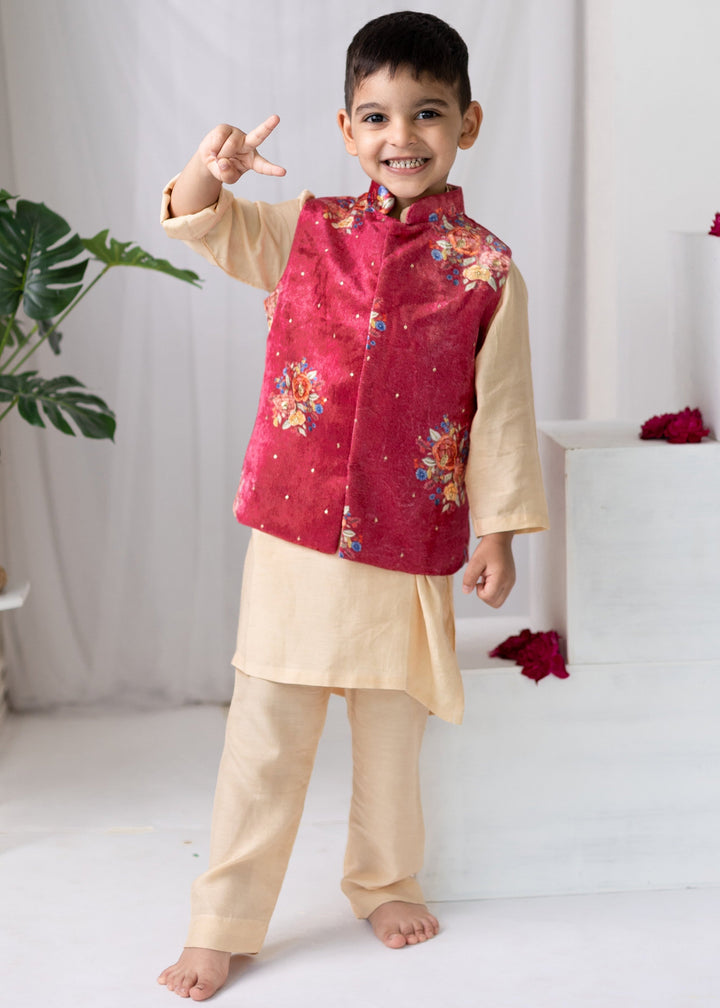 Red Muslin Kurta And Pyjama With Floral Printed Jacket Set