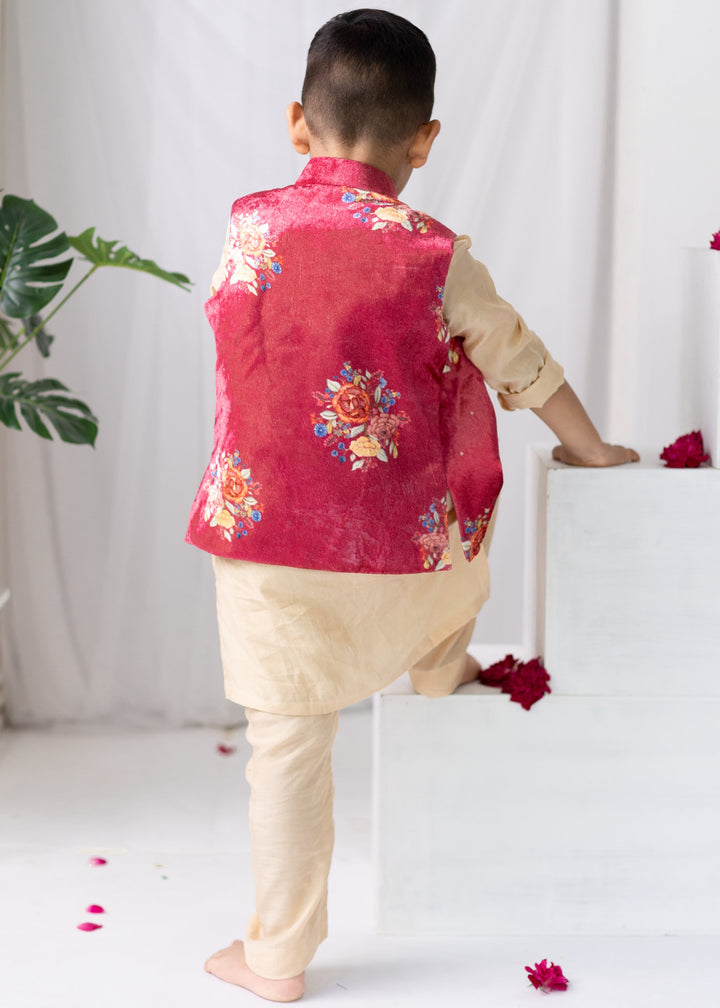 Red Muslin Kurta And Pyjama With Floral Printed Jacket Set