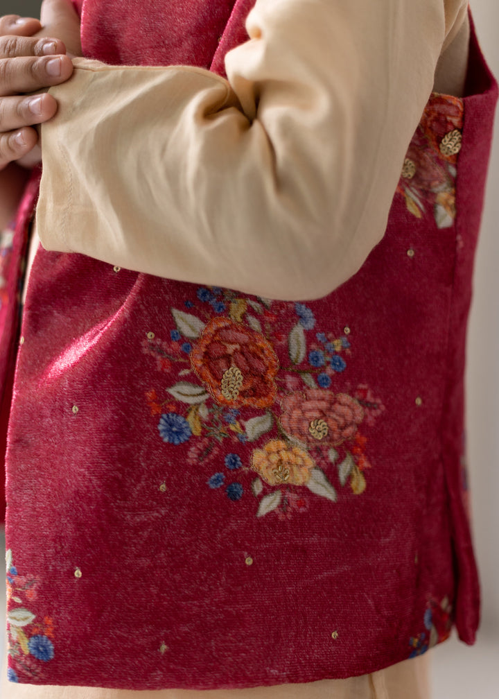 Red Muslin Kurta And Pyjama With Floral Printed Jacket Set
