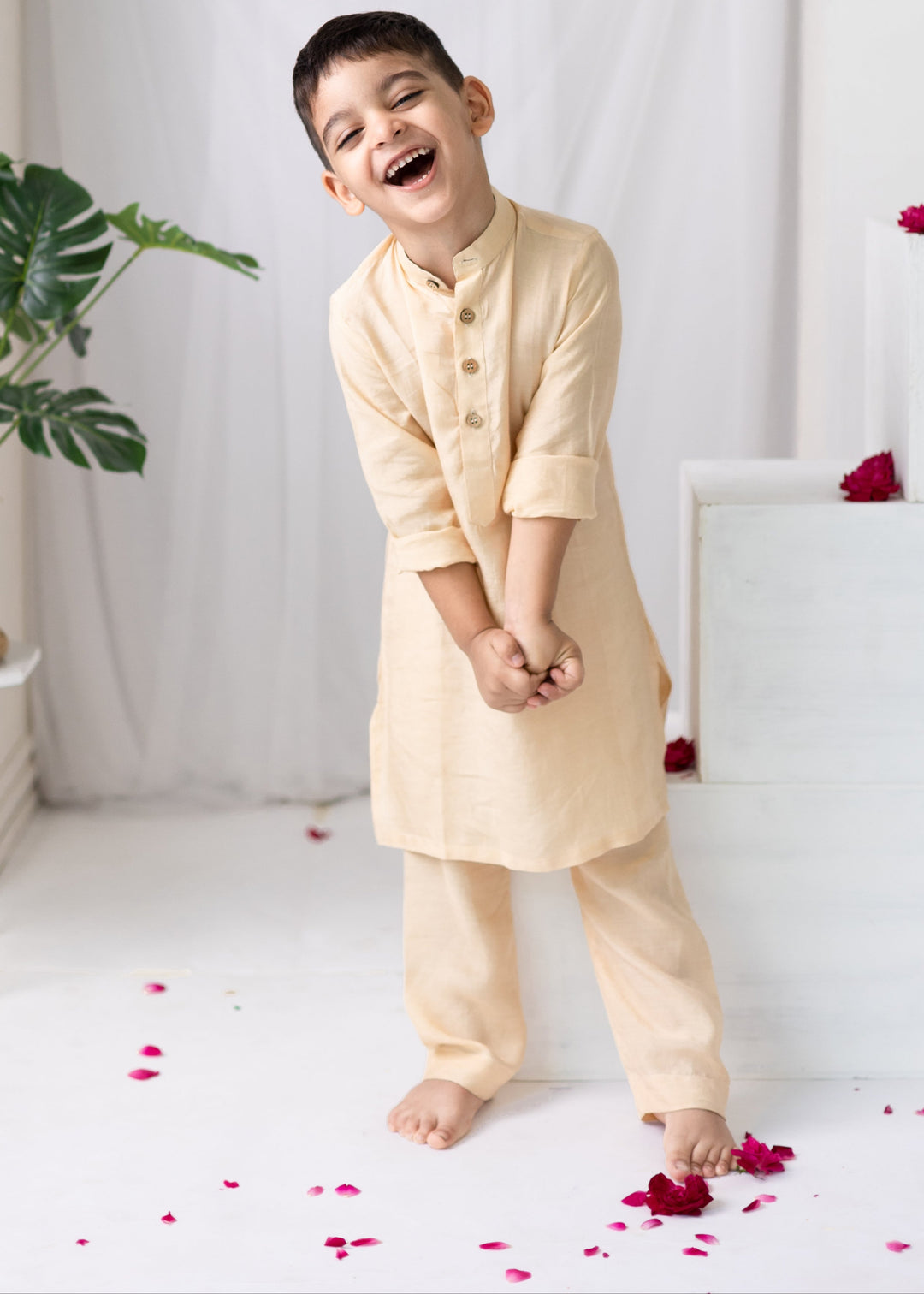 Red Muslin Kurta And Pyjama With Floral Printed Jacket Set
